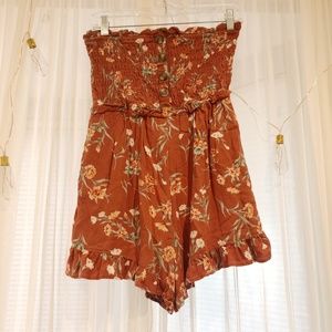 Orange Flower Romper With Pockets